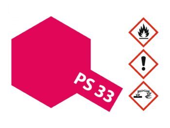 Een hexagonale vorm in de kleur felroze, met de tekst 'PS 33' erop. Rechts staan drie gevarendriehoeken.