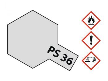 De afbeelding toont een abstracte vorm die een spuitbus verf symboliseert. De kleur van de verf is transparant zilver, zoals aangegeven door de tekst 'PS 36' op de vorm. Er zijn ook gevarendriehoeken zichtbaar die wijzen op ontvlambaarheid en irritatie.