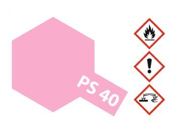 De afbeelding toont een roze, doorschijnende spuitbus met de tekst 'PS 40'. Er zijn ook drie gevarendriehoeken zichtbaar.