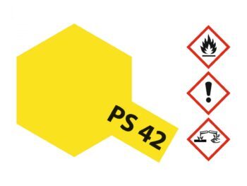 Een geel, zeshoekig vlak met de tekst "PS 42" erop. Rechts staan drie gevarensymbolen.