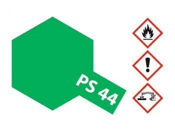 Een groen, doorschijnend zeshoekig vlak met de tekst "PS 44" erop. Rechts van het vlak staan drie gevarendriehoeken met pictogrammen.