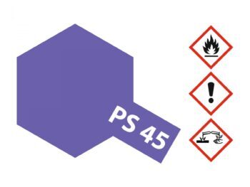 Een paarse, doorschijnende verfbus met de tekst 'PS 45'. Er zijn ook gevarendriehoeken zichtbaar.