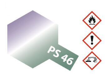 De afbeelding toont een hexagonale vorm met een iriserende kleurovergang van paars naar groen. Op de vorm staat de tekst 'PS 46' en er zijn drie gevarendriehoeken zichtbaar.