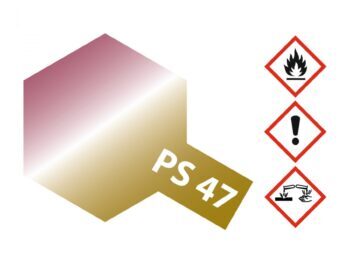 De afbeelding toont een hexagonale vorm met een kleurverloop van roze naar goud. Op een gouden band staat de tekst 'PS 47'. Er zijn ook drie gevarendriehoeken zichtbaar.