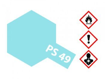 Een zeshoekige vorm in de kleur lichtblauw, met de tekst 'PS 49' erop geschreven. Rechts staan drie gevarensymbolen.