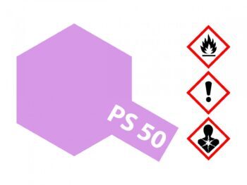 Een paarse hexagonale vorm met de tekst 'PS 50' erop. Rechts staan drie gevarensymbolen.
