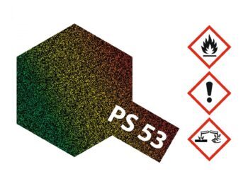 De afbeelding toont een hexagonale vorm met een gradiënt van groen naar geel en rood, met een korrelige textuur. Op de vorm staat de tekst 'PS 53' in witte letters. Rechts van de vorm staan drie gevarendriehoeken.