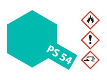 Een zeshoekige vorm in de kleur kobaltgroen met de tekst "PS 54" erop. Naast de vorm staan drie gevarendriehoeken.
