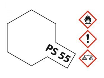 De afbeelding toont een gestileerde hexagonaal object met de tekst "PS 55" erop. Rechts staan drie gevarendriehoeken met symbolen voor ontvlambaarheid, irritatie en corrosiviteit.