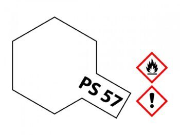 De afbeelding toont een witte hexagonale vorm met de tekst 'PS 57' erop. Rechts staan twee gevarendriehoeken: een met een vlam en een met een uitroepteken.