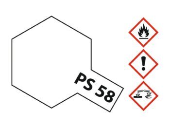 De afbeelding toont een wit zeshoekig vlak met een uitstekend deel waarop 'PS 58' staat. Rechts daarvan staan drie gevaarsymbolen: een vlam, een uitroepteken en een symbool voor corrosie.
