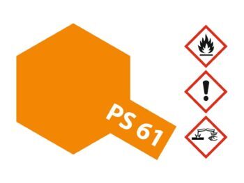 Een oranje zeshoek met de tekst "PS 61" erop. Rechts staan drie gevarensymbolen.