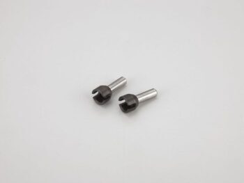 De afbeelding toont twee identieke metalen onderdelen. Elk onderdeel heeft een zilverkleurige cilindrische schacht en een donkergrijze/zwarte kop met een uitsparing.