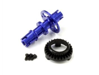 De afbeelding toont een blauw metalen as met een ringvormig onderdeel en een zwart tandwiel. Er liggen ook drie kleine zwarte schroeven naast.