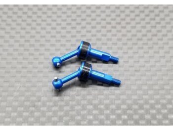 De afbeelding toont twee blauwe, metalen universele assen met schroefdraad aan één uiteinde en een kogelgewricht aan het andere. Ze hebben een zwarte ring in het midden.
