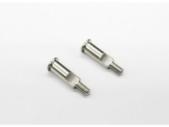De afbeelding toont twee zilverkleurige, metalen pinnen met schroefdraad aan één uiteinde en een platte kop aan het andere uiteinde. Ze lijken op assen of bevestigingspennen.