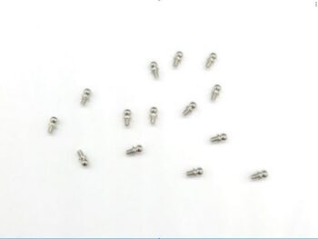 De afbeelding toont veertien zilverkleurige, metalen kogelgewrichten (ball joint heads) verspreid over een witte achtergrond. Ze hebben een schroefdraad aan één kant en een bolvormige kop aan de andere kant.