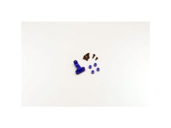 Op de foto is een setje onderdelen te zien, bestaande uit een blauw aluminium onderdeel, meerdere kleine schroefjes en een aantal blauwe ringetjes.