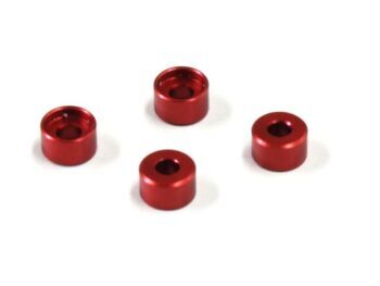 De afbeelding toont vier kleine, cilindervormige rode metalen onderdelen met een gat in het midden. Ze lijken gemaakt te zijn van geanodiseerd aluminium.