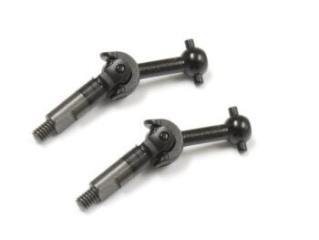 De afbeelding toont twee donkergrijze tot zwarte metalen assen met een schroefdraad aan één uiteinde en een kogelgewricht aan het andere uiteinde. Ze lijken universele swing shafts te zijn voor een modelauto.