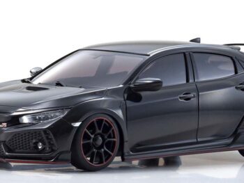 De afbeelding toont een gedetailleerd model van een zwarte Honda Civic Type-R. Het model heeft rode accenten rond de velgen en de onderkant van de carrosserie, en een opvallende achterspoiler.