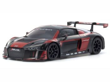 The photo shows a detailed miniature racing car, an Audi R8 LMS, in black and red. The model features a large rear spoiler and various sponsor logos.