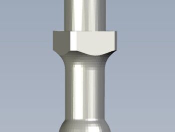 De afbeelding toont een zilverkleurig, metalen onderdeel met een cilindrische vorm aan de bovenkant, een zeshoekig gedeelte in het midden en een afgeronde, bolvormige onderkant. Het lijkt op een pin of stud.