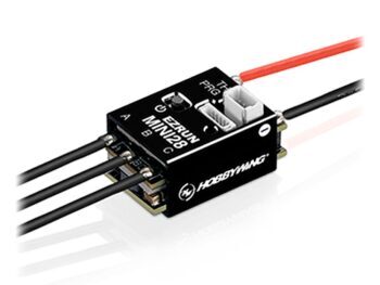 De afbeelding toont een compacte zwarte elektronische snelheidsregelaar met de tekst 'EZRUN MINI28' en het Hobbywing logo. Er zijn drie zwarte draden aan de ene kant en een rode en zwarte draad aan de andere kant.