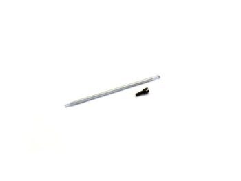 De foto toont een zilverkleurige, metalen staaf met schroefdraad aan de uiteinden, en een klein zwart kunststof onderdeel ernaast. Het lijkt een aandrijfas te zijn met een koppelstuk.