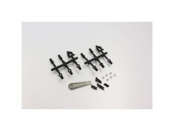 De foto toont een set zwarte kunststof onderdelen, waaronder twee sprues met diverse stangetjes en kogelkoppen, samen met een metalen sleuteltje, kleine zwarte schroeven en zilverkleurige moertjes. Het geheel ligt op een witte achtergrond.