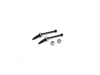 The image shows two black drive shafts with silver-coloured parts and two small silver-coloured bearings against a white background. The shafts are elongated and have a spherical head at one end.