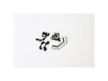 The image shows a set of various small parts, including black plastic components, silver-coloured screws and gold-coloured metal rods. The parts are scattered across a white background.