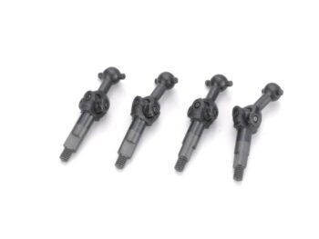 De afbeelding toont vier donkergrijze, metalen aandrijfassen met schroefdraad aan één uiteinde en een kogelgewricht aan het andere uiteinde. Ze lijken op universele aandrijfassen voor een modelauto.
