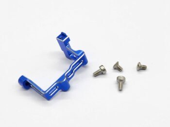 De afbeelding toont een blauwe aluminium servo mount met een gestroomlijnd ontwerp. Er liggen ook vier schroeven naast het onderdeel.