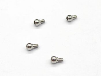 De afbeelding toont vier zilverkleurige, metalen kogelgewrichtkoppen met schroefdraad. Ze zijn glanzend en hebben een inbusgat aan de bolle zijde.