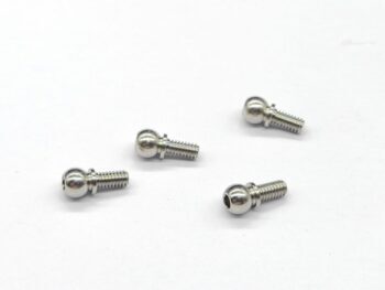De afbeelding toont vier zilverkleurige metalen kogelscharnierkoppen met schroefdraad. Ze hebben een glanzende afwerking en zijn verspreid over een witte achtergrond.