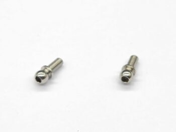 De foto toont twee zilverkleurige metalen kogelscharnieren met schroefdraad. Ze hebben een glanzende afwerking en een zeskantige uitsparing aan het uiteinde van de kogel.