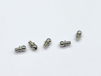 De afbeelding toont vijf zilverkleurige, metalen kogelgewrichtkoppen met schroefdraad. Ze liggen verspreid op een witte achtergrond.