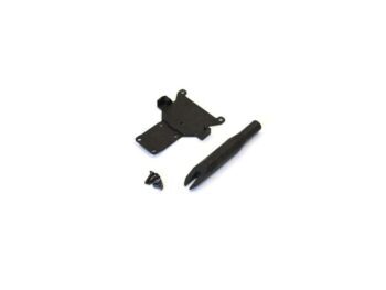 The image shows a set of black components, including a flat, irregularly shaped plate, a rod-shaped tool with a notch at the end, and several small screws.