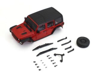 De afbeelding toont een rode Jeep Wrangler Rubicon carrosserie met een zwart dak, samen met diverse zwarte onderdelen zoals bumpers, een reservewiel en schroeven, op een witte achtergrond. Het is een modelbouwset van een auto.