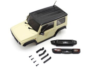 De afbeelding toont een crèmekleurige modelauto-body van een Suzuki Jimny Sierra met een zwart dak, samen met enkele losse zwarte onderdelen zoals bumpers en schroeven. Het geheel ligt op een witte achtergrond.