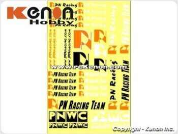 De afbeelding toont een vel met diverse stickers in verschillende formaten en kleuren, waaronder oranje, zwart en wit, op een lichtgele achtergrond. De stickers bevatten logo's en teksten zoals 'PN Racing Team' en 'PNWC'.