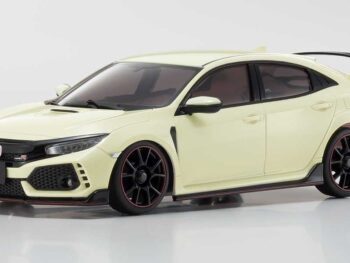 De afbeelding toont een crèmekleurige modelauto, een Honda Civic Type-R, met zwarte velgen en rode accenten. Het is een gedetailleerde weergave van de auto, inclusief de achterspoiler en de grille.