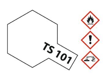 De afbeelding toont een witte spuitbus met de tekst 'TS 101'. Ernaast staan drie gevarendriehoeken met symbolen voor ontvlambaarheid, irritatie en corrosiviteit.