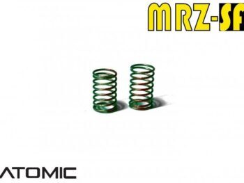 De afbeelding toont twee groene metalen spiraalveren op een witte achtergrond. Bovenin staat 'MRZ-SF' in gele letters en onderin 'ATOMIC' in zwarte letters.