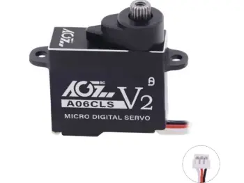 De foto toont een zwarte servo met een zilverkleurig tandwiel. De servo heeft het AGF-RC logo en de tekst 'A06CLS V2'.