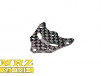 De foto toont een donkergrijze, bijna zwarte, carbonfiber plaat met een opvallend ruitpatroon. Het heeft een onregelmatige vorm met diverse gaten voor bevestiging.