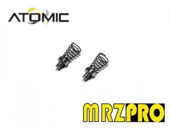 De foto toont twee kleine, metalen veertjes met een schroefdraad aan de onderkant, die donkergrijs/zwart van kleur zijn. Het logo van 'Atomic' en 'MRZPRO' zijn ook zichtbaar op de witte achtergrond.