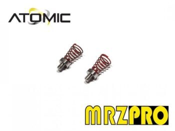 De foto toont twee rode spiraalveren met een zilverkleurige metalen schroefbevestiging aan één uiteinde, liggend op een witte achtergrond. Bovenin staat het 'Atomic' logo en onderin 'MRZPRO'.