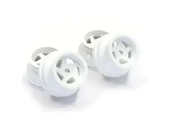 The image shows four white plastic rims for an RC car. They have a star-shaped spoke pattern and are photographed on a white background.